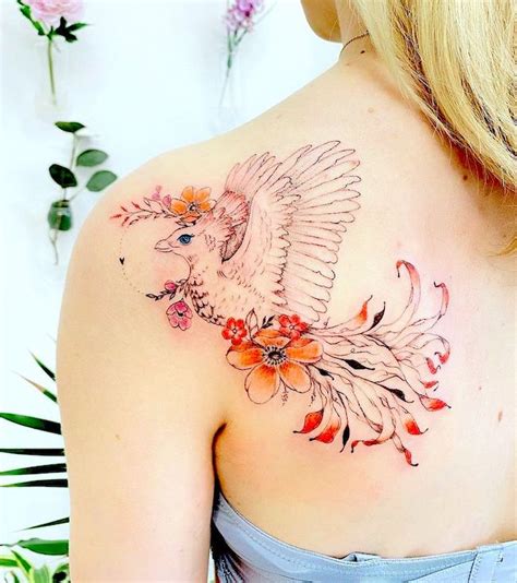 phoenix flower tattoo|floral phoenix sleeve tattoo.